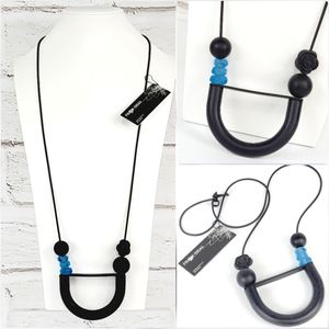 Frank Ideas Designer Rubber Statement Necklace Blk/Blue Murano Glass Beads NWT!
